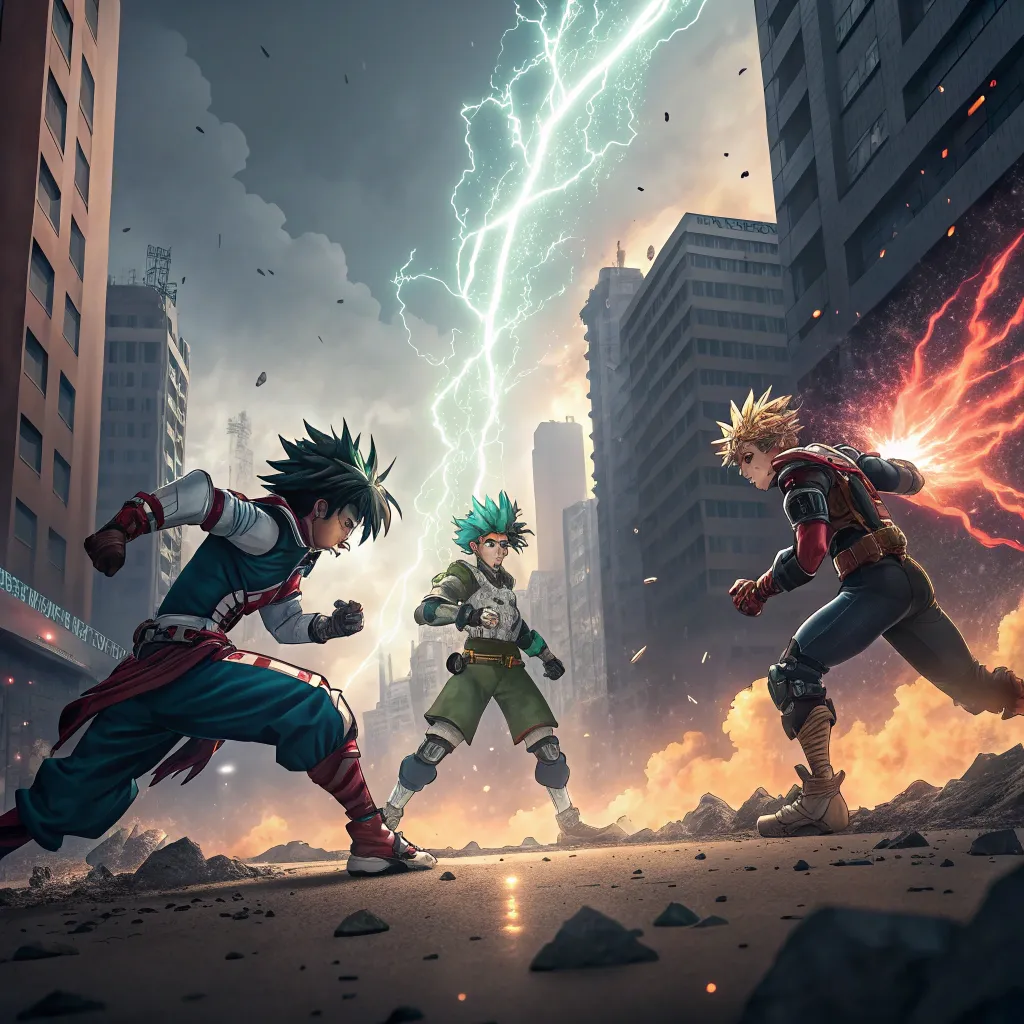 Tres héroes de anime usan superpoderes en una ciudad destruida, listos para combatir.