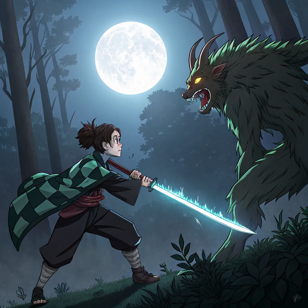 Un joven espadachín enfrenta a un demonio feroz en un bosque bajo la luna llena.
